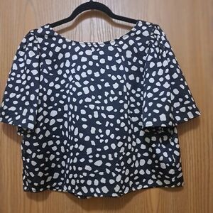 Anne Taylor  Loft Black / Tan Animal Print/ Spots Tie Back Blouse M